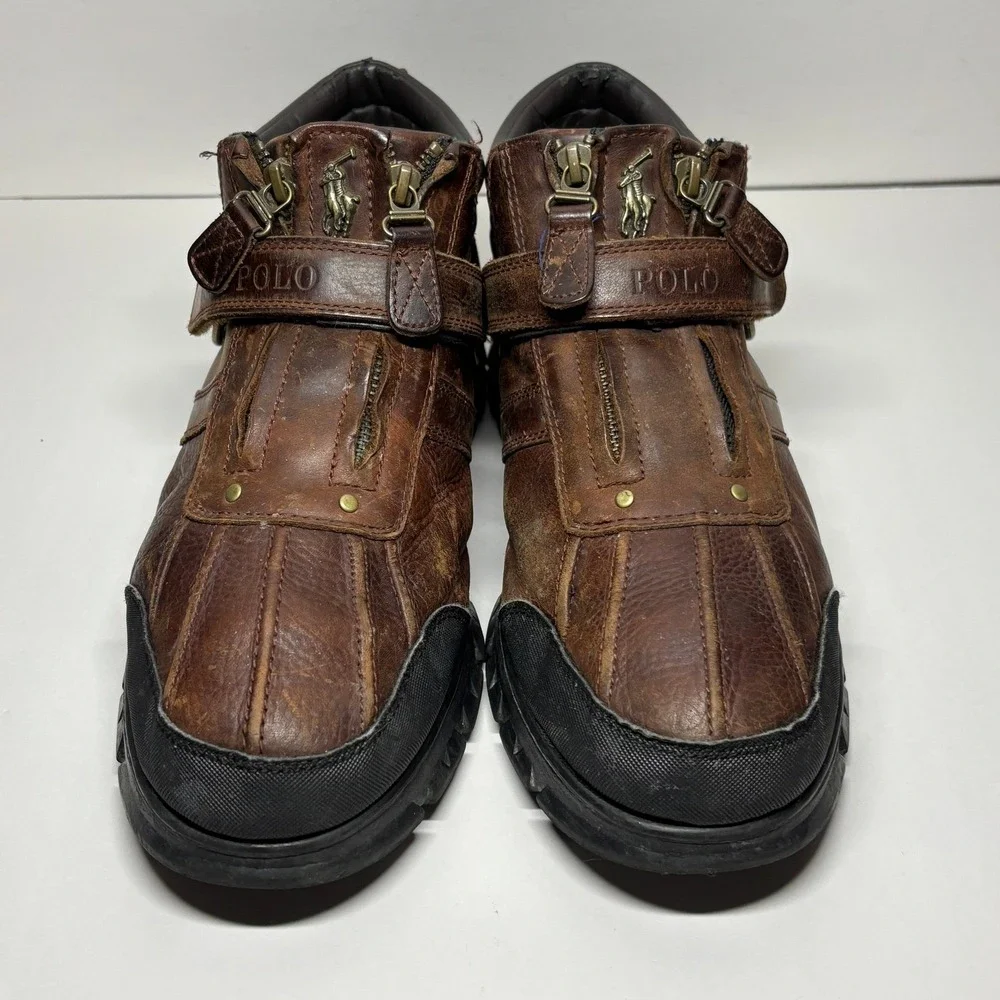 Polo Ralph‎ Lauren Conquest III Boots Mens 13 Brown Leather Good Dual Zip Strap